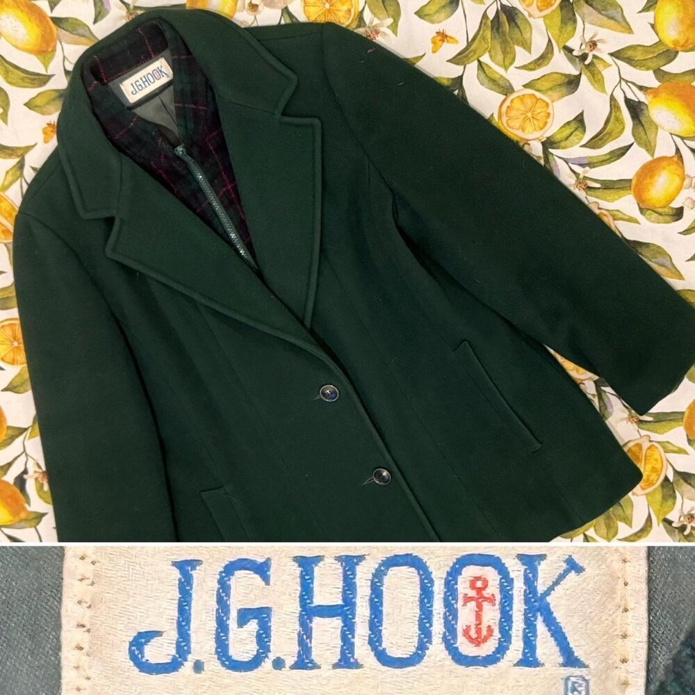 VTG 70s 'J.G. Hook' GREEN/WOOL peacoat w/ zip up plaid insert! Union Made!